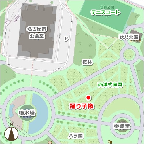 鶴舞公園(名古屋市昭和区)踊り子像の場所(地図)01
