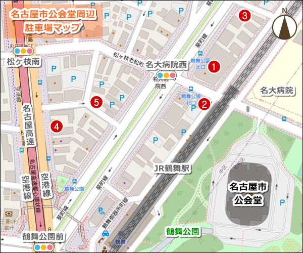 名古屋市公会堂(昭和区鶴舞)周辺駐車場マップ