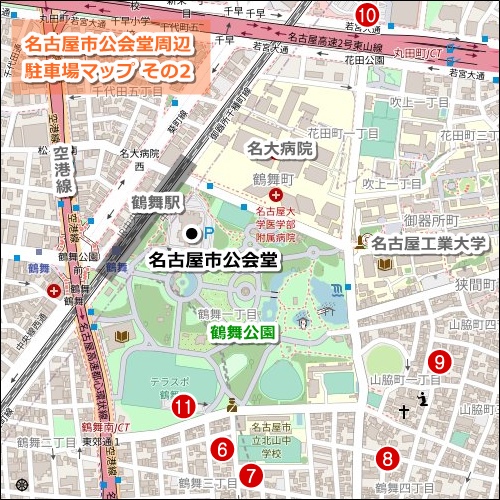 名古屋市公会堂(昭和区鶴舞)周辺駐車場マップ(料金の安いコインパーキング)01