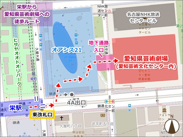 名古屋駅から愛知県芸術劇場へのアクセスマップ(栄駅からの徒歩ルート)01