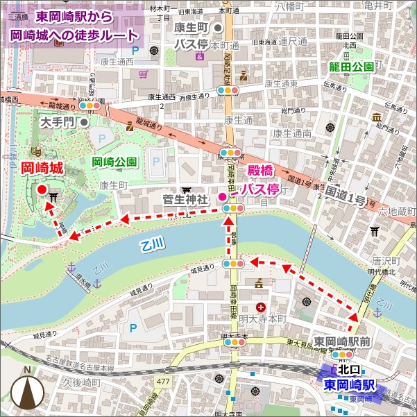 東岡崎駅から岡崎城への徒歩ルートマップ01