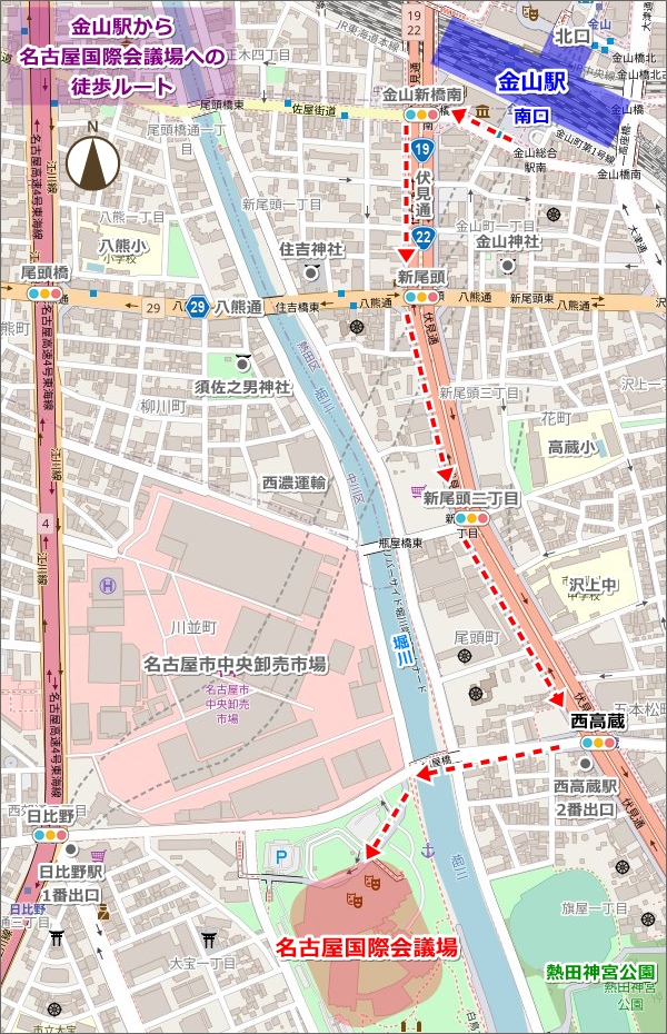 金山駅から名古屋国際会議場へのアクセスマップ(徒歩ルート)01