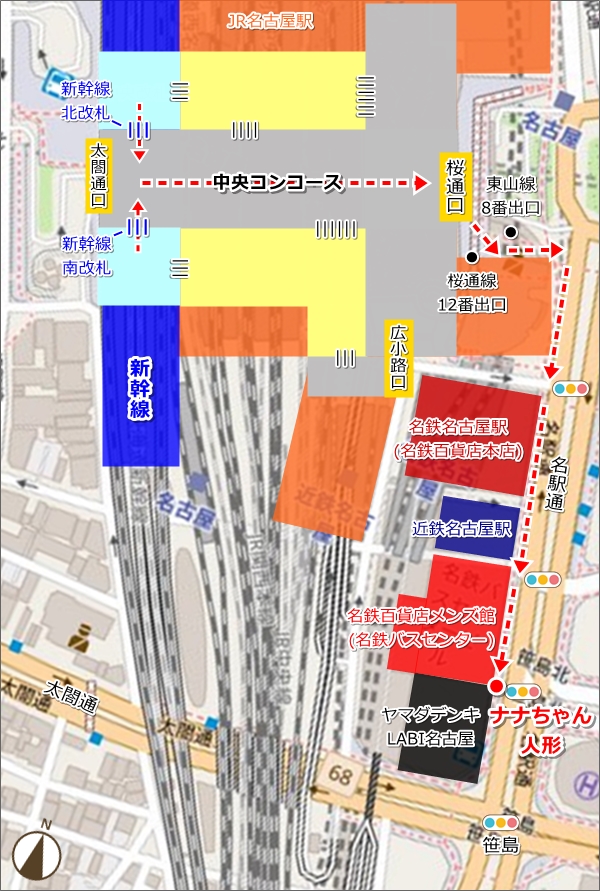 名古屋駅新幹線改札口からナナちゃん人形への行き方(地図)01