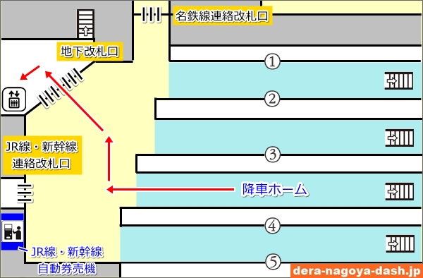 近鉄名古屋駅構内図(エレベーターを利用した東海道新幹線への乗り換えルート)01